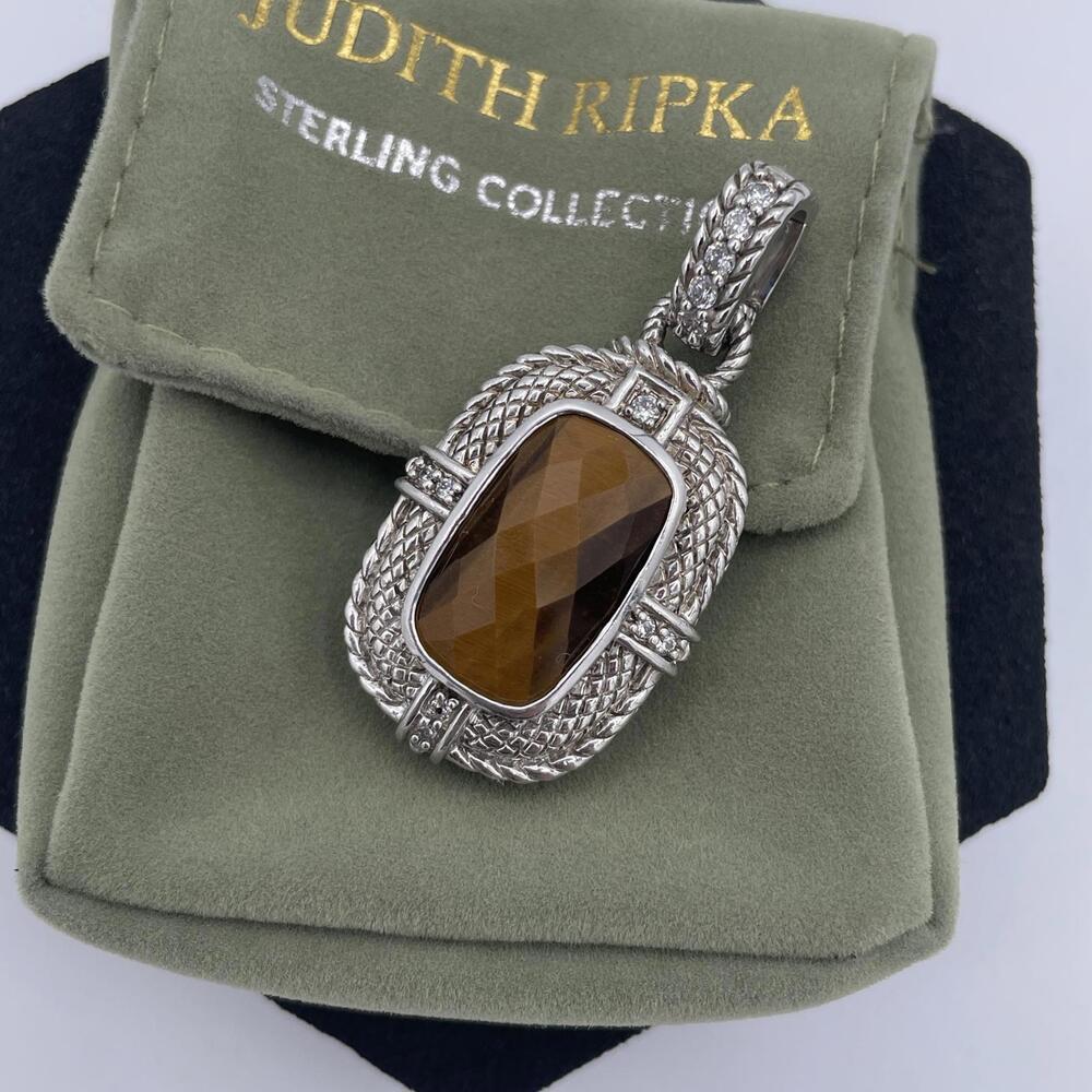 Judith Ripka Tiger’s Eye and CZ Enhancer Pendant Sterling Silver 925 Thailand - Picture 3 of 10